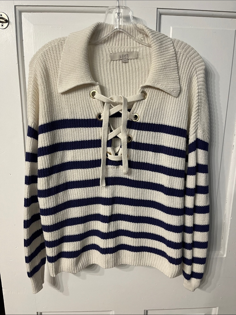 LOFT size S Ribbed Knit Oversized Pullover Sweater Blue White Striped